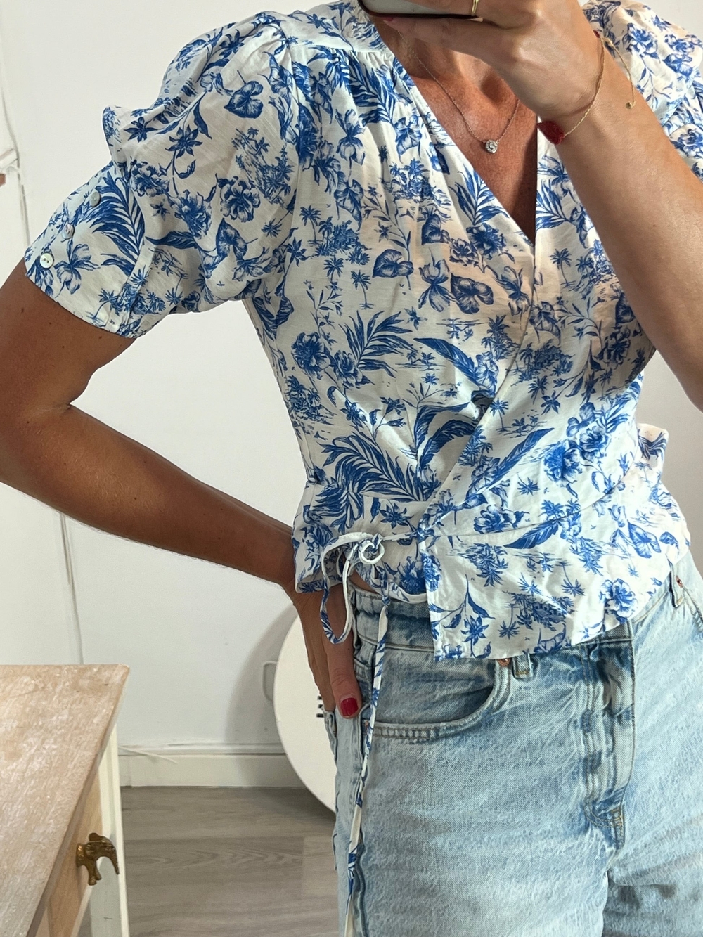 Mango Blue & White Floral Wrap Blouse